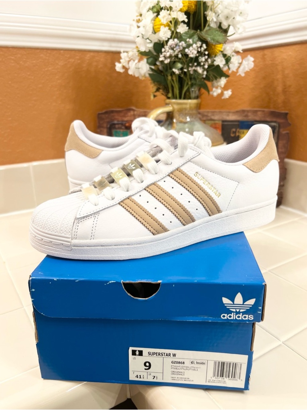 Adidas Superstar, White Leather with Tan Suede Stripes, Women’s Size 9 BRAND NEW